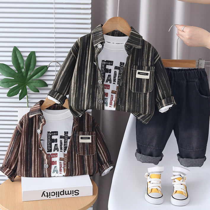 Striped Shirt, Graphic T-Shirt & Jeans Childrenβs Outfit β Brown or Black (1-5 Years)